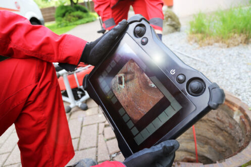 Technician in red jacket holding thermal imaging camera showing pipe inspection results on digital screen.