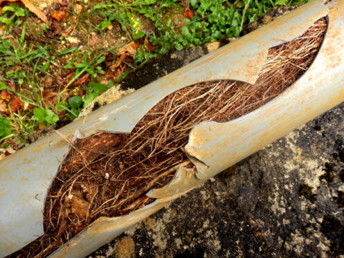 Roots growing through cracks inside a PVC sewer pipe, showing severe root intrusion blocking the drainage line.