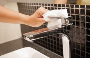 Person's hand holding white paper towel at modern bathroom sink with black tile backsplash and chrome faucet.