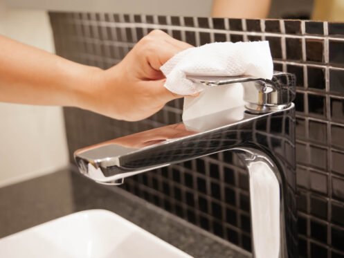 A woman wiping down the faucet in her new home
